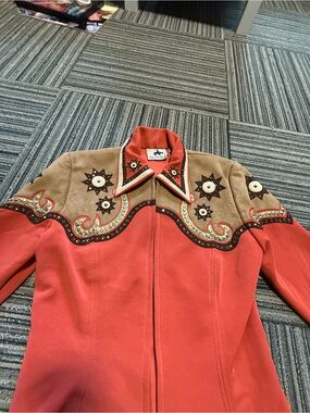 Embroidered Red Western Utility Jacket with Tan Yoke